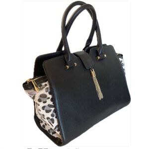 CHARMING CHARLIE SATCHEL HANDBAG BLACK WITH ANIMAL PRINT ACCENTS